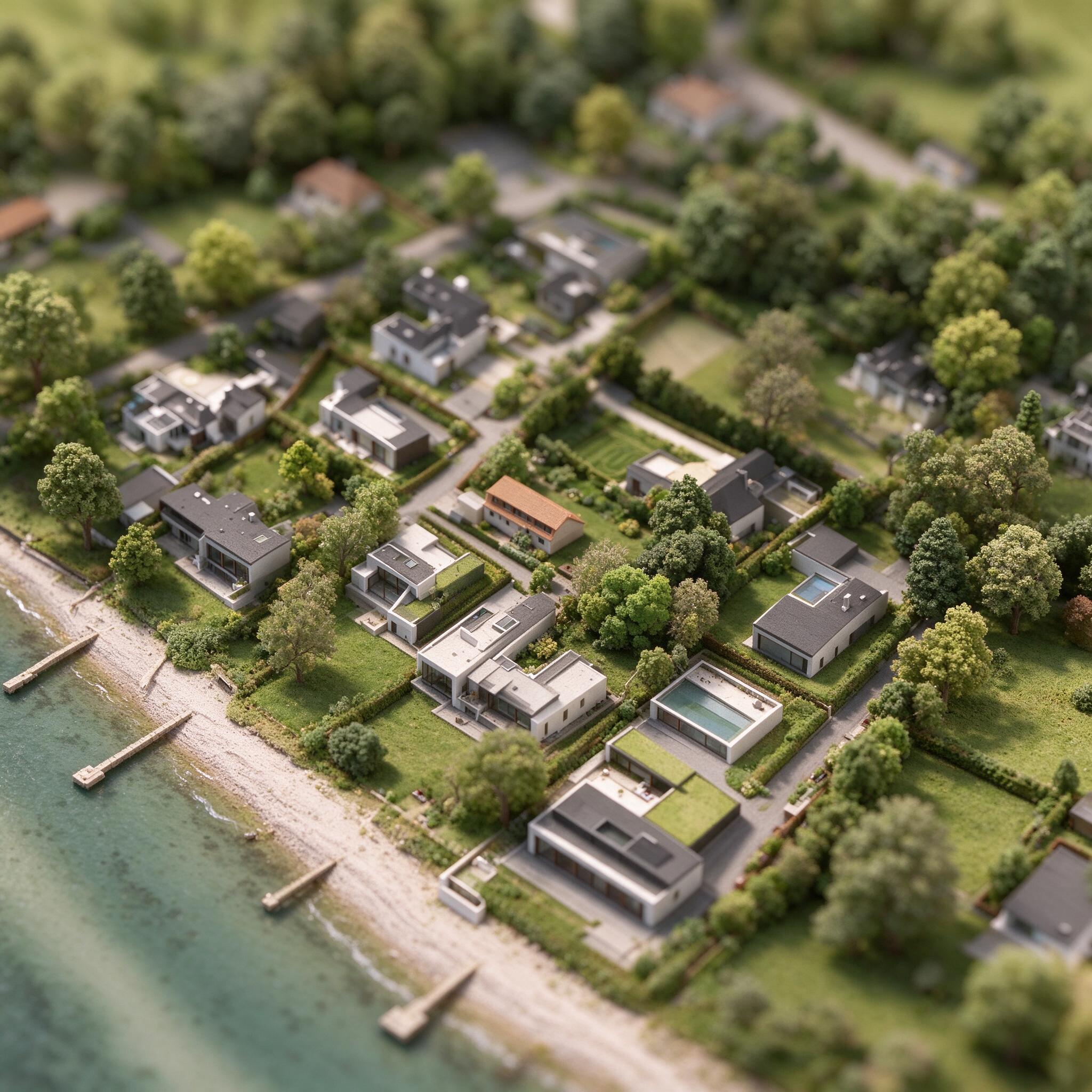 Et grønt boligkvarter ved vandet, set som et miniaturelandskab